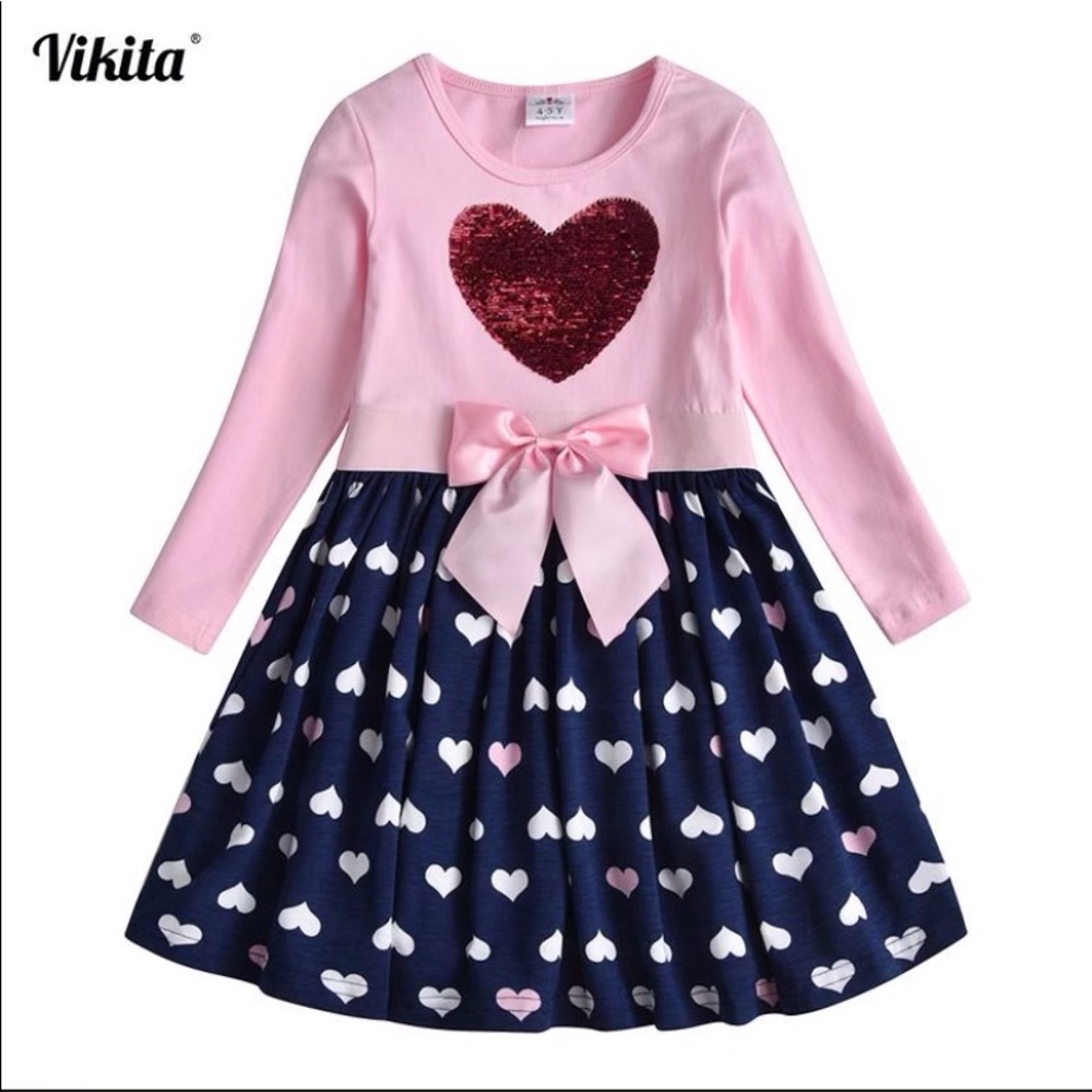 VIKITA Girls Cotton Dress Long Sleeve Children Patchwork  Kid Dresses Toddlers